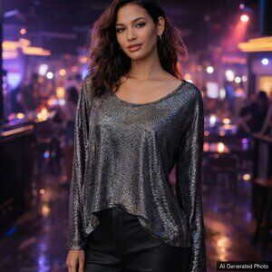 BCBGeneration Metallic Gunmetal Scoop Neck Top Whimsigoth Clubwear Cutout Small